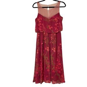 Marchesa Notte Red Floral Flowy Dress Casual Womens 2 Sleeveless Embroidered